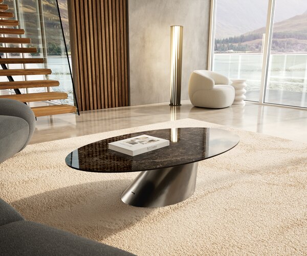 DELIFE Dohányzóasztal Edge ovális 140x80 cm kerámia Laminam® Emperador Extra Lucidato sötétbarna kúpos rozsdamentes acél szálcsiszolt