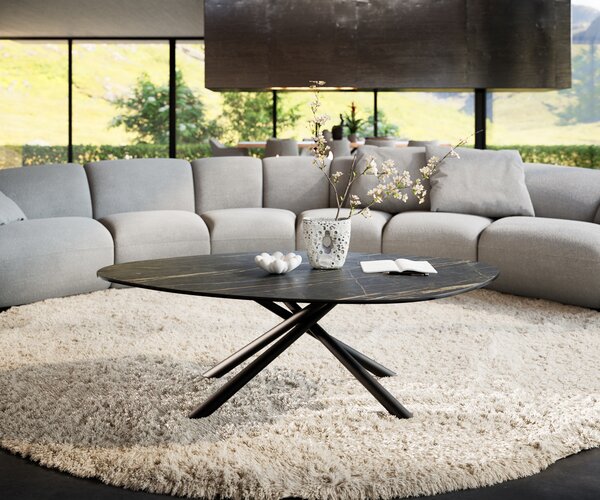 DELIFE Dohányzóasztal Edge organikus 140x76 cm Laminam® kerámia Noir Desir barna Sarity fém fekete