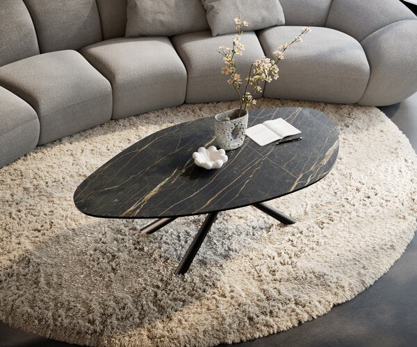 DELIFE Dohányzóasztal Edge organikus 140x76 cm Laminam® kerámia Noir Desir barna Sarity fém fekete