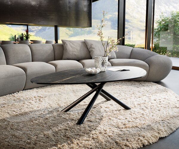 DELIFE Dohányzóasztal Edge organikus 140x76 cm Laminam® kerámia Noir Desir barna Sarity fém fekete