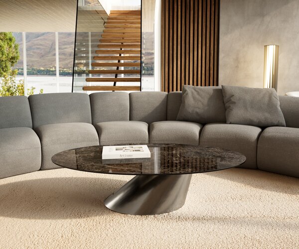 DELIFE Dohányzóasztal Edge ovális 140x80 cm kerámia Laminam® Emperador Extra Lucidato sötétbarna kúpos rozsdamentes acél szálcsiszolt