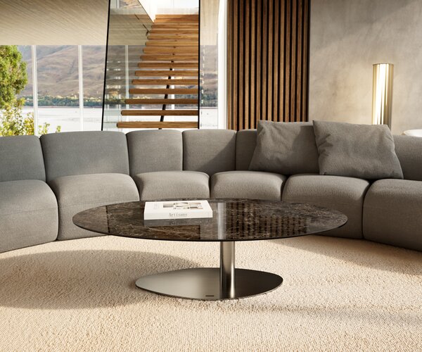 DELIFE Dohányzóasztal Edge ovális 140x80 cm kerámia Laminam® Emperador extra fényes sötétbarna Vibany rozsdamentes acél szálcsiszolt