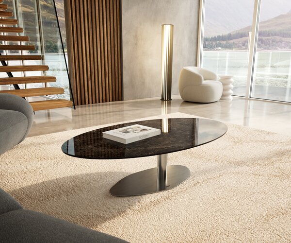 DELIFE Dohányzóasztal Edge ovális 140x80 cm kerámia Laminam® Emperador extra fényes sötétbarna Vibany rozsdamentes acél szálcsiszolt