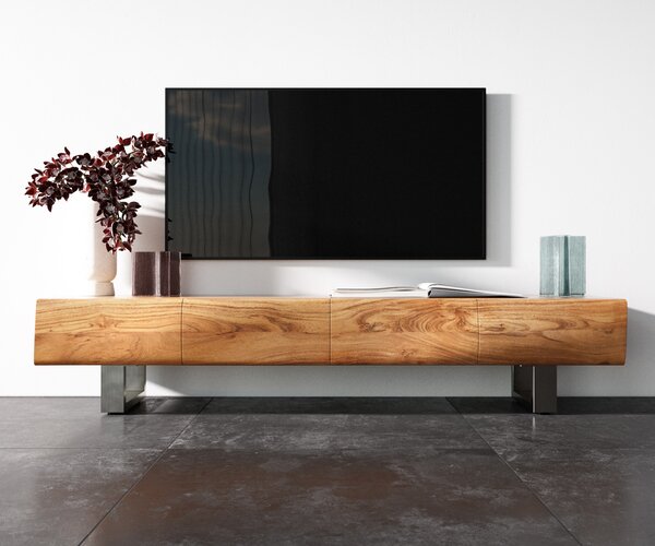 DELIFE TV szekrény New Live-Edge 175 cm akác természetes 4 ajtós vékony lábazat rozsdamentes acél szálcsiszolt