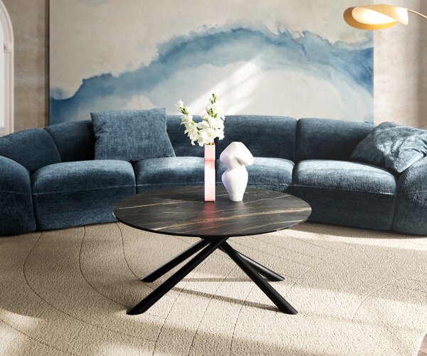 DELIFE Dohányzóasztal Edge kerek 90x90 cm Laminam® kerámia Noir Desir barna Sarity fém fekete