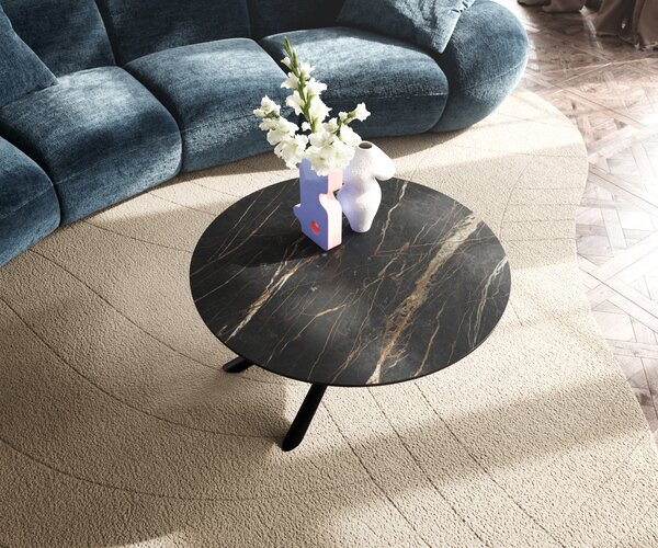 DELIFE Dohányzóasztal Edge kerek 90x90 cm Laminam® kerámia Noir Desir barna Sarity fém fekete