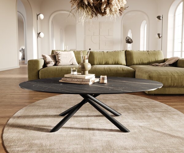 DELIFE Dohányzóasztal Edge ovális 140x80 cm Laminam® kerámia Noir Desir barna Sarity fém fekete