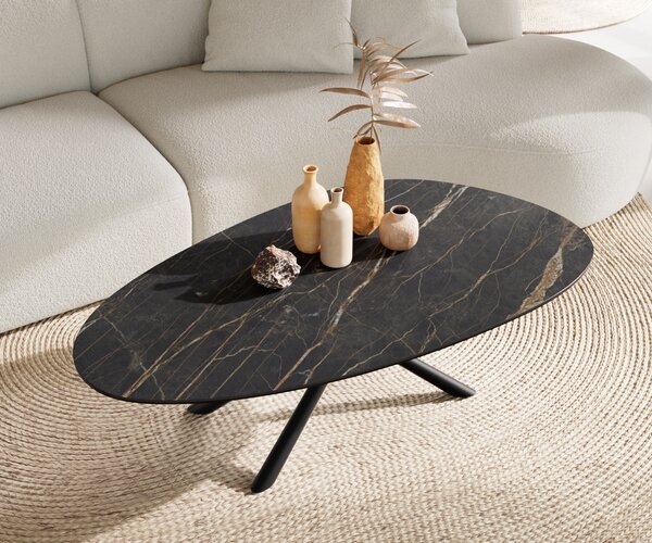 DELIFE Dohányzóasztal Edge ovális 140x75 cm Laminam® kerámia Noir Desir barna Sarity fém fekete