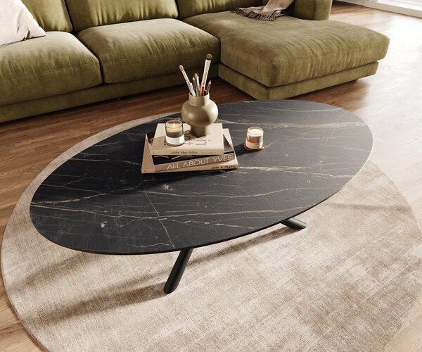 DELIFE Dohányzóasztal Edge ovális 140x80 cm Laminam® kerámia Noir Desir barna Sarity fém fekete