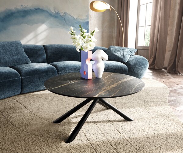 DELIFE Dohányzóasztal Edge kerek 90x90 cm Laminam® kerámia Noir Desir barna Sarity fém fekete