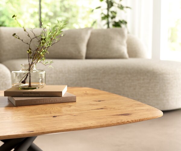 DELIFE Dohányzóasztal Edge hajóformájú 90x90 cm tölgy természetes svájci él Sarity fém fekete