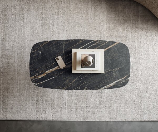 DELIFE Dohányzóasztal Edge hajóformájú 100x50 cm Laminam® kerámia Noir Desir barna Sarity fém fekete