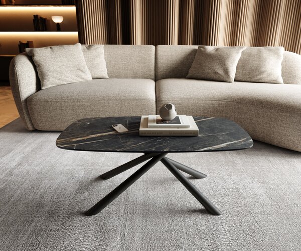 DELIFE Dohányzóasztal Edge hajóformájú 100x50 cm Laminam® kerámia Noir Desir barna Sarity fém fekete