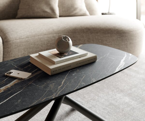 DELIFE Dohányzóasztal Edge hajóformájú 100x50 cm Laminam® kerámia Noir Desir barna Sarity fém fekete