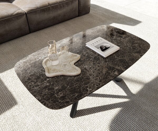 DELIFE Dohányzóasztal Edge hajóformájú 120x70 cm Laminam® Emperador extra polírozott sötétbarna Sarity fém fekete