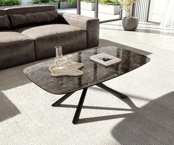DELIFE Dohányzóasztal Edge hajóformájú 120x70 cm Laminam® Emperador extra polírozott sötétbarna Sarity fém fekete