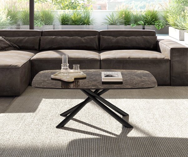 DELIFE Dohányzóasztal Edge hajóformájú 120x70 cm Laminam® Emperador extra polírozott sötétbarna Sarity fém fekete