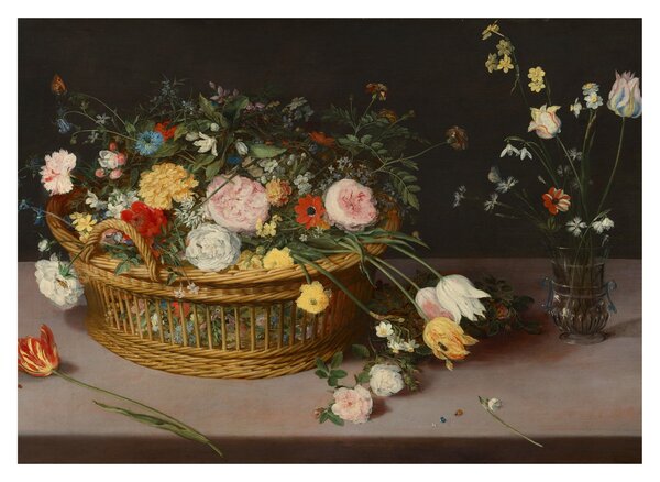 Üveg kép - Jan Brueghel the Elder, Flowers in a Basket and a Vase, reprodukciók (70x50 cm)