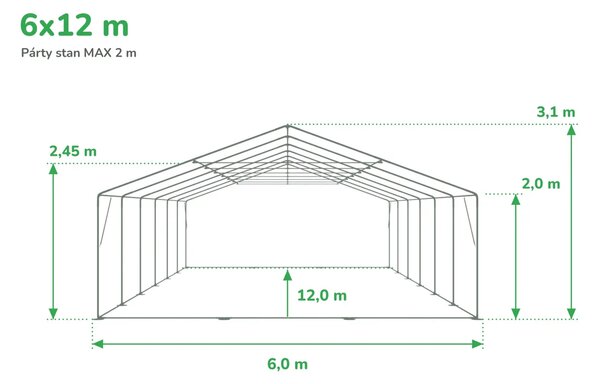 Party sátor 6x12 m MAX 2 m - tűzálló szín fehér