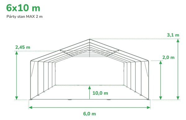 Party sátor 6x10 m MAX 2 m - tűzálló szín fehér