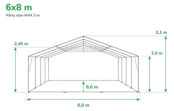 Party sátor 6x8 m Max 2 m - tűzálló szín fehér