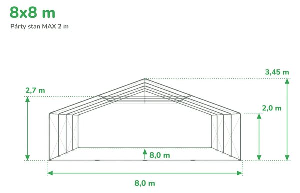 Party sátor 8x8 m MAX 2 m - tűzálló szín fehér