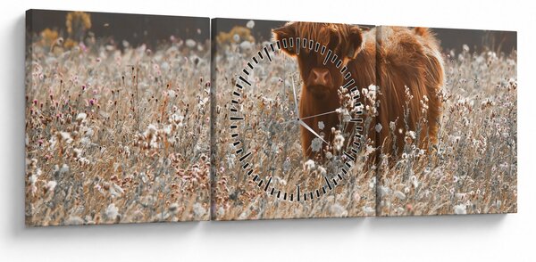 Kép - Skót tehén a virágban (órával) (90x30 cm)