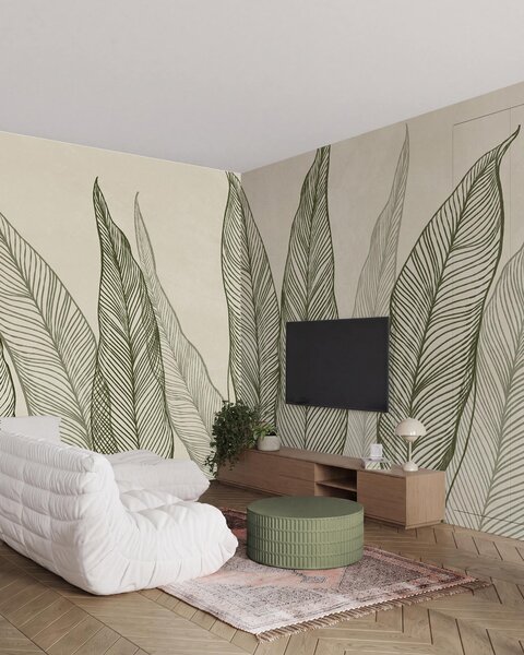 Fotótapéta Stilizált zöld levelek bonyolult vonalrészletekkel bézs háttér előtt, texturált grafika, Fotótapéta egyedi, w10030 : Uwalls.hu