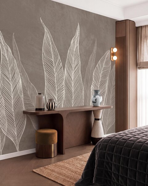 Fotótapéta Barna háttér előtt stilizált fehér levelek, bonyolult vonalrészletekkel, texturált grafika, Fotótapéta egyedi, w10030v4 : Uwalls.hu