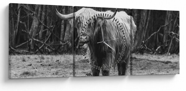 Kép - Skót tehén 3, fekete-fehér (órával) (90x30 cm)