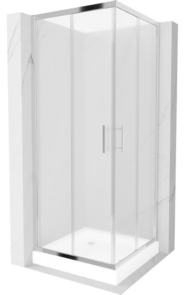 Mexen Rio, négyzet alakú zuhanykabin tolóajtóval 70 x 70 cm, 5 mm-es jégüveg, króm profil + fehér magas zuhanytálca Rio, 860-070-070-01-30-4510