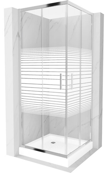 Mexen Rio, négyzet alakú zuhanykabin tolóajtóval 70 x 70 cm, 5 mm átlátszó üveg / csíkok, króm profil + fehér magas zuhanytálca Rio, 860-070-070-01-20-4510