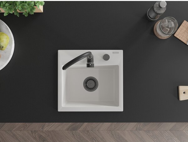Mexen Milo, gránit mosogató 435x410x171 mm, 1 kamrás, fehér, fekete szifonnal, 6505441000-20-B