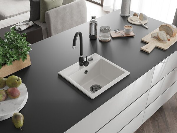 Mexen Milo, gránit mosogató 435x410x171 mm, 1 kamrás, fehér, fekete szifonnal, 6505441000-20-B