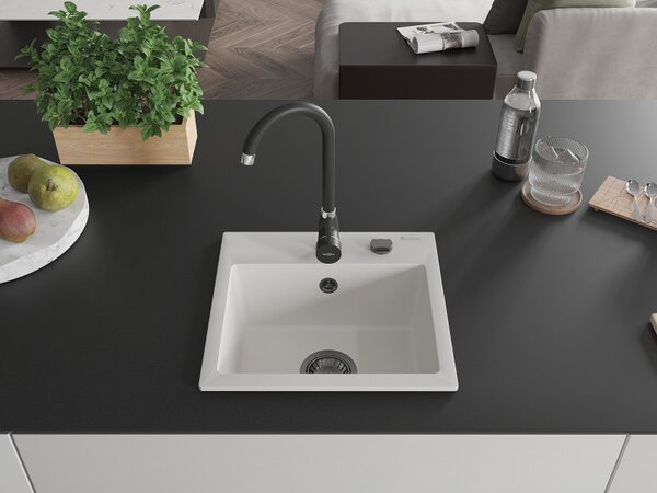 Mexen Milo, gránit mosogató 435x410x171 mm, 1 kamrás, fehér, fekete szifonnal, 6505441000-20-B