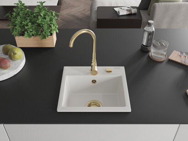 Mexen Milo, gránit mosogató 435x410x171 mm, 1 kamrás, fehér, arany szifonnal, 6505441000-20-G