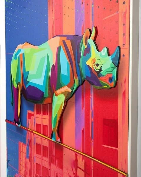 King Home Rhino in the City Pop Art 3D Fali Kép Kék-Rózsaszín