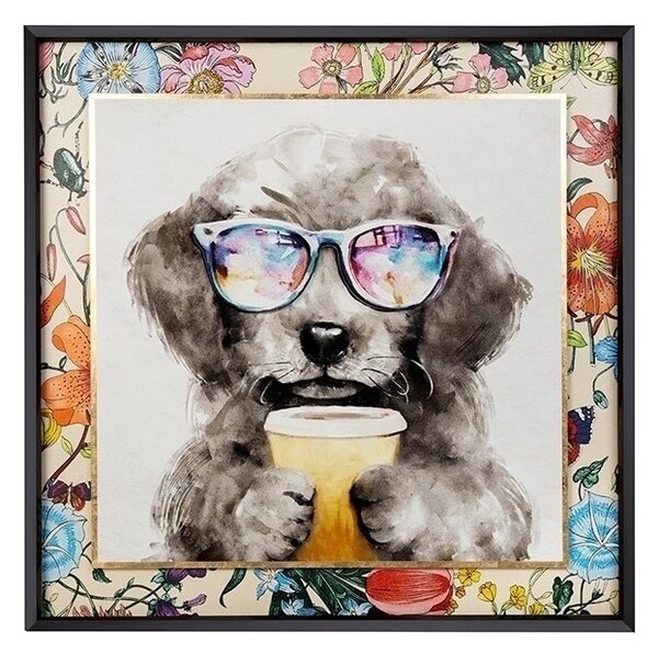 King Home Coffee Dog Modern Vászonkép Virágos Kerettel