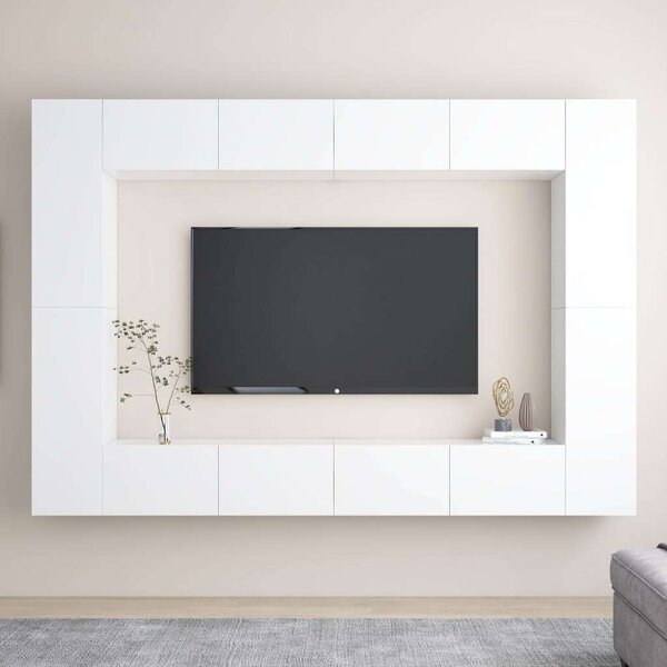 Modern 8 részes Fehér Forgácslap TV-Szekrény Szett