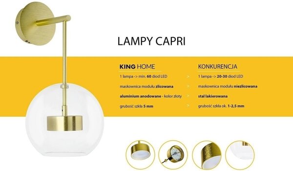 King Home Capri Wall 6 LED Fali Lámpa Üveg Arany Buborékos