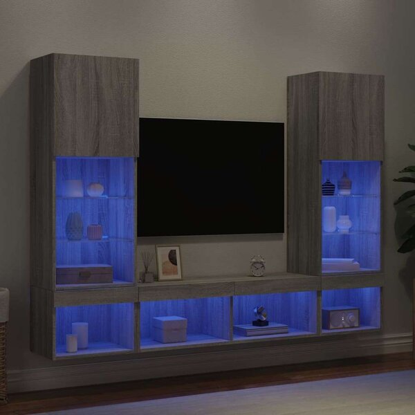 VidaXL 5 darab szürke sonoma színű szerelt fa fali TV-bútor LED-del