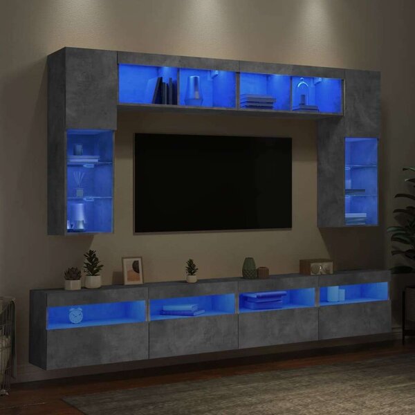 VidaXL 8 darabos betonszürke fali TV-szekrény szett LED-del