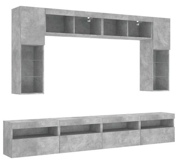 VidaXL 8 darabos betonszürke fali TV-szekrény szett LED-del