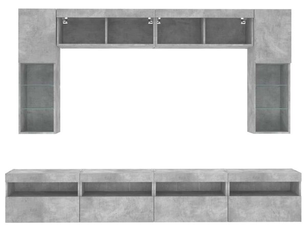 VidaXL 8 darabos betonszürke fali TV-szekrény szett LED-del