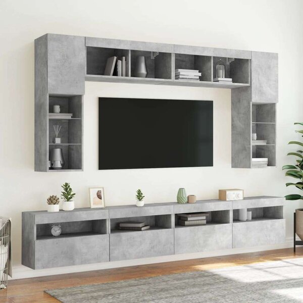 VidaXL 8 darabos betonszürke fali TV-szekrény szett LED-del