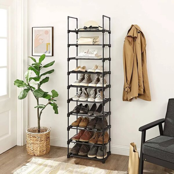 TUBE halmozható cipőállvány, 10 polc, 45x30x174cm, fekete SongmicsHome