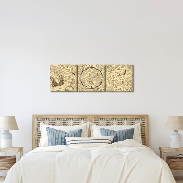 Kép - Vintage térkép, illusztrációk (órával) (90x30 cm)