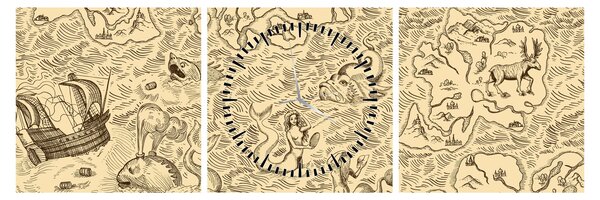 Kép - Vintage térkép, illusztrációk (órával) (90x30 cm)