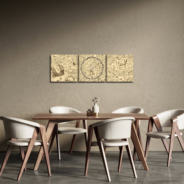 Kép - Vintage térkép, illusztrációk (órával) (90x30 cm)