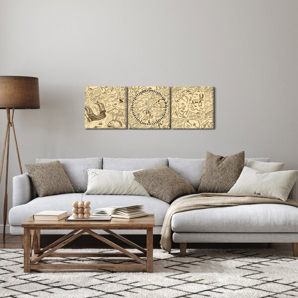 Kép - Vintage térkép, illusztrációk (órával) (90x30 cm)